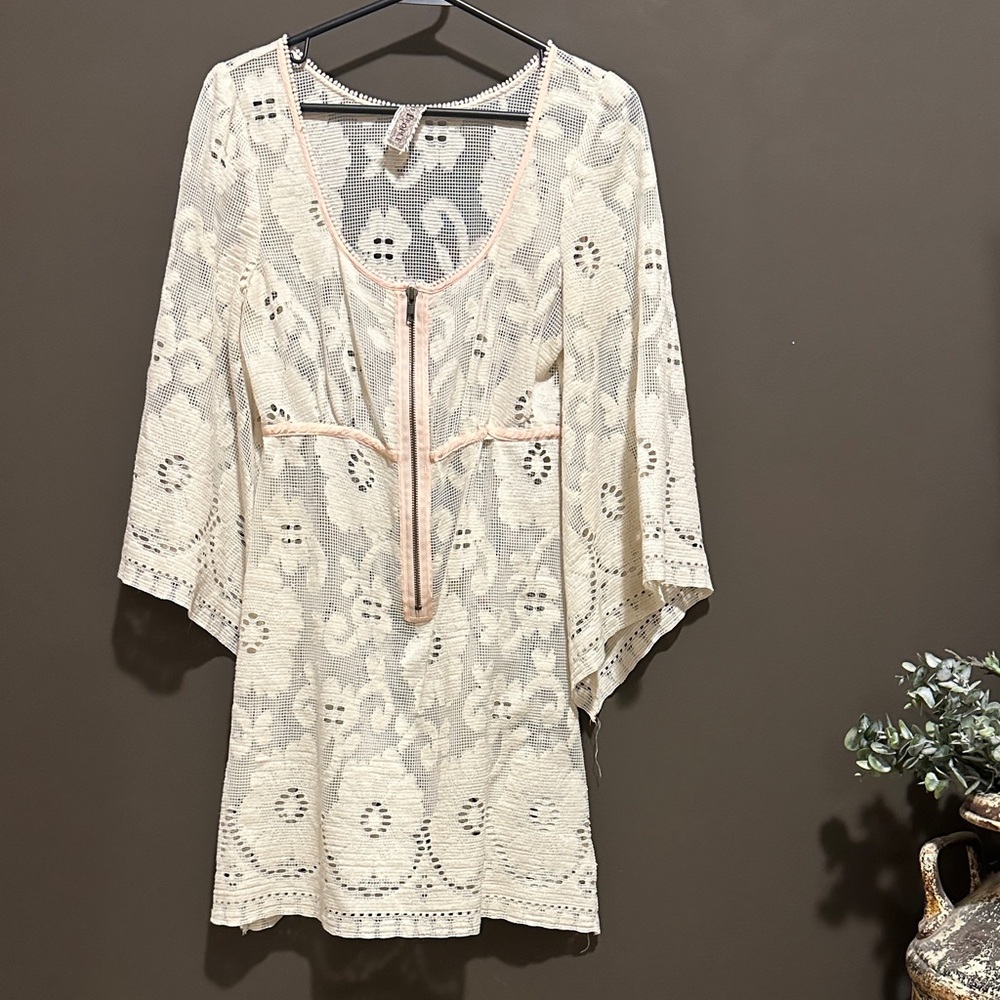 Free People Cream Crochet Tunic with Pale Pink Trim